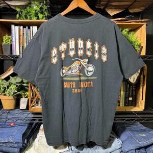 Vintage Y2K Sturgis South Dakota Bike Week Tee Faded Black Orange Shirt Mens XL